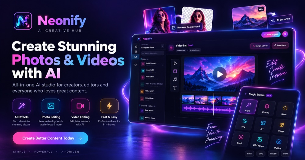 Neonify AI photo and video editor web app interface showing Video Lab, Magic Studio and background remover